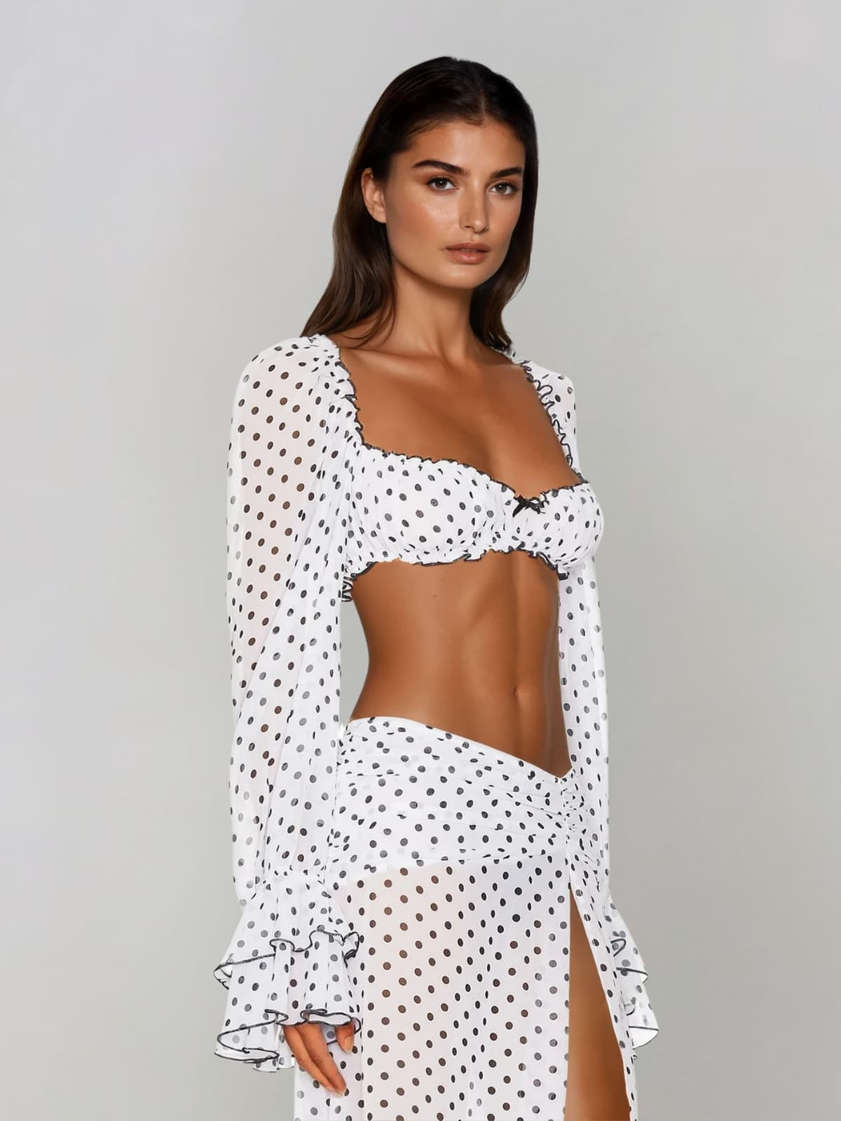Velqis Ruffle Sleeve Dot Split Skirt Set