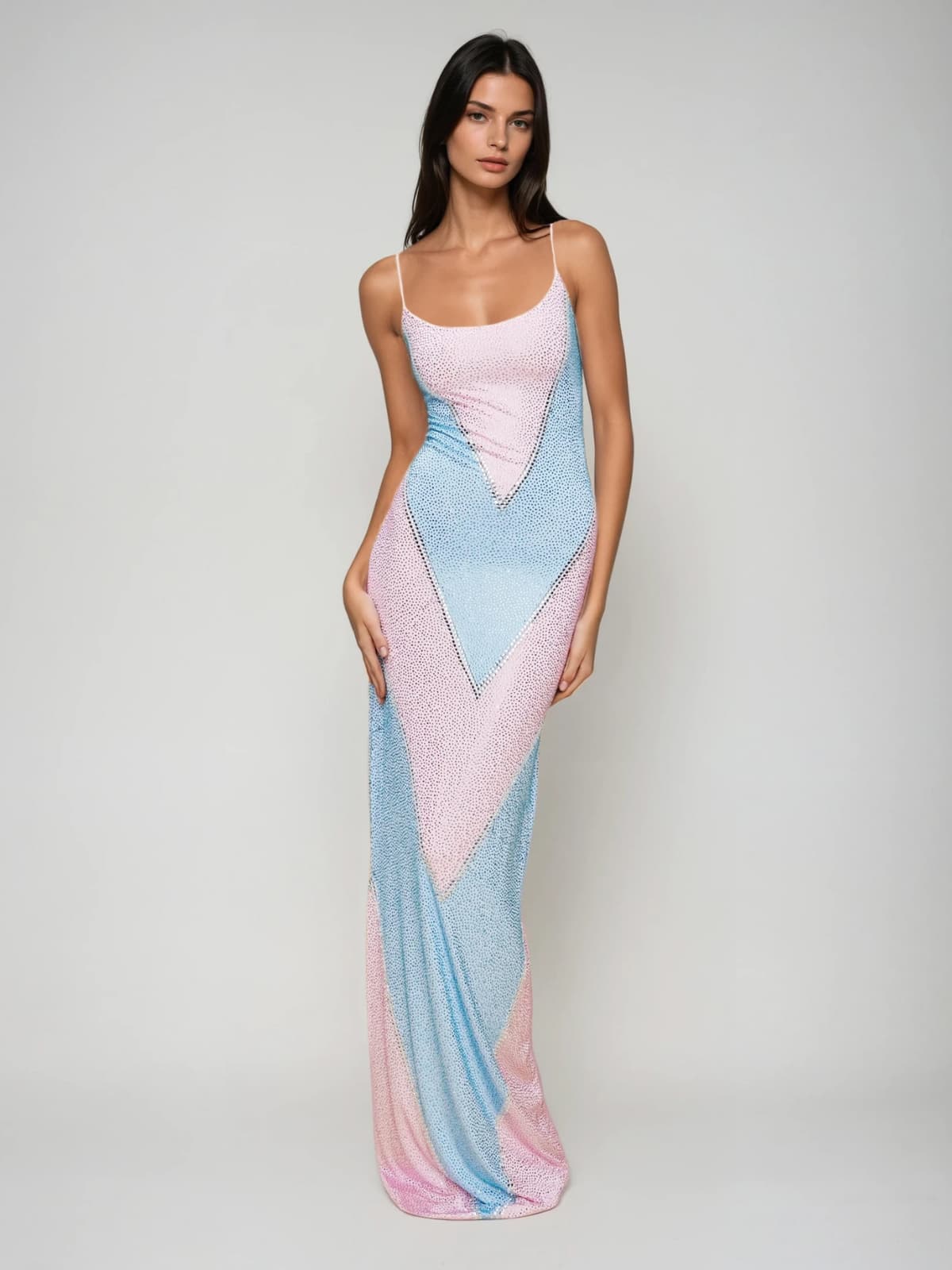 Velyqen Spaghetti Rhinestone Maxi Dress In Pink