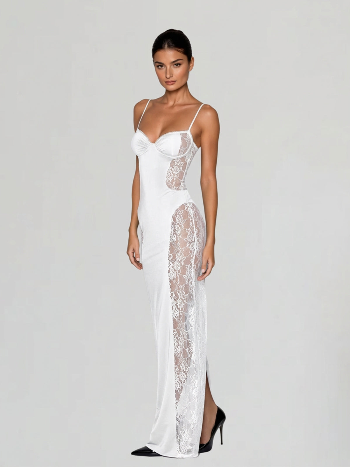 Velyxra Spaghetti Lace Maxi Dress In White