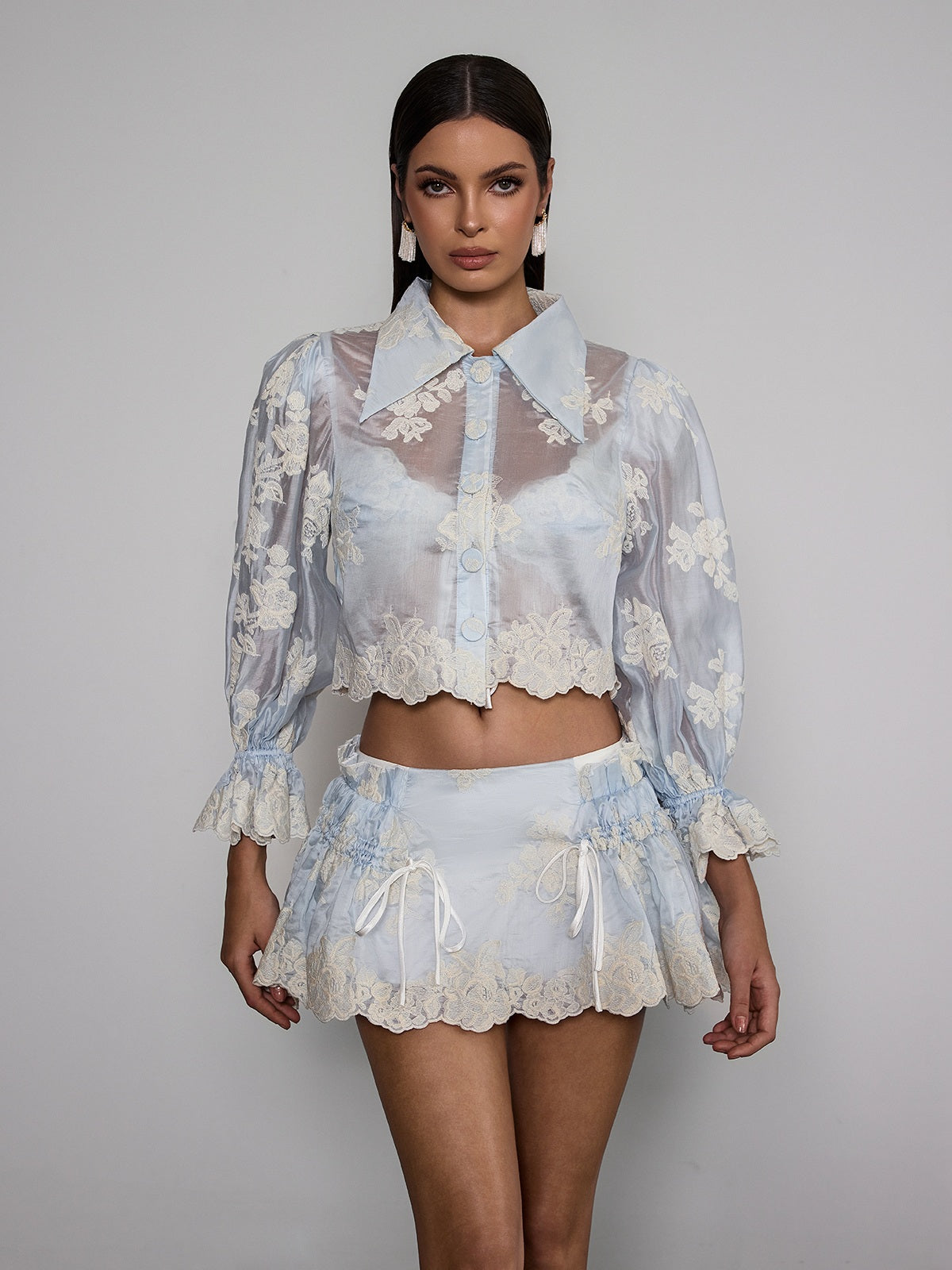 Velyxyn Balloon Sleeve Floral Embroidered Skirt Set