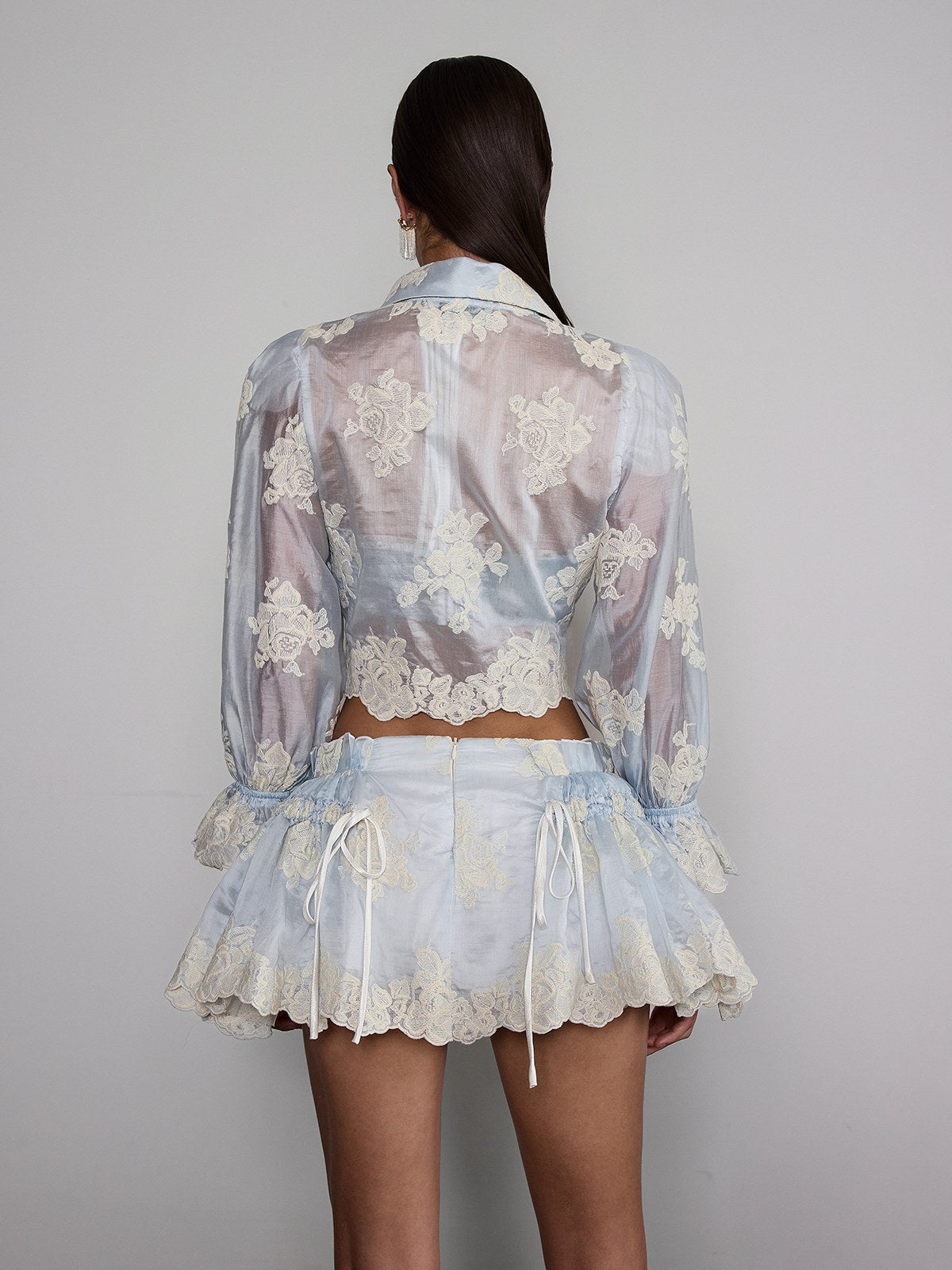 Velyxyn Balloon Sleeve Floral Embroidered Skirt Set
