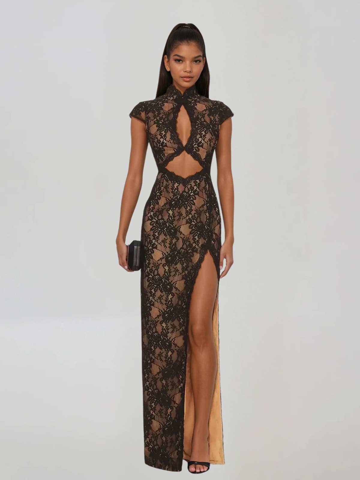 Vexorin High Neck Lace Split Maxi Dress