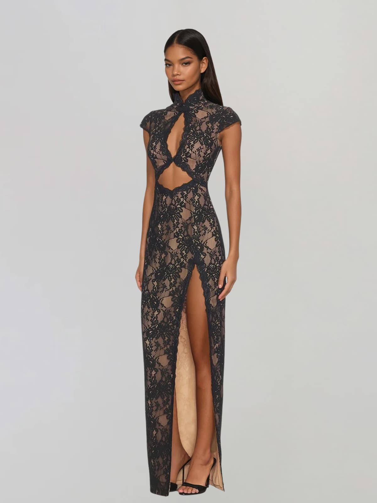 Vexorin High Neck Lace Split Maxi Dress