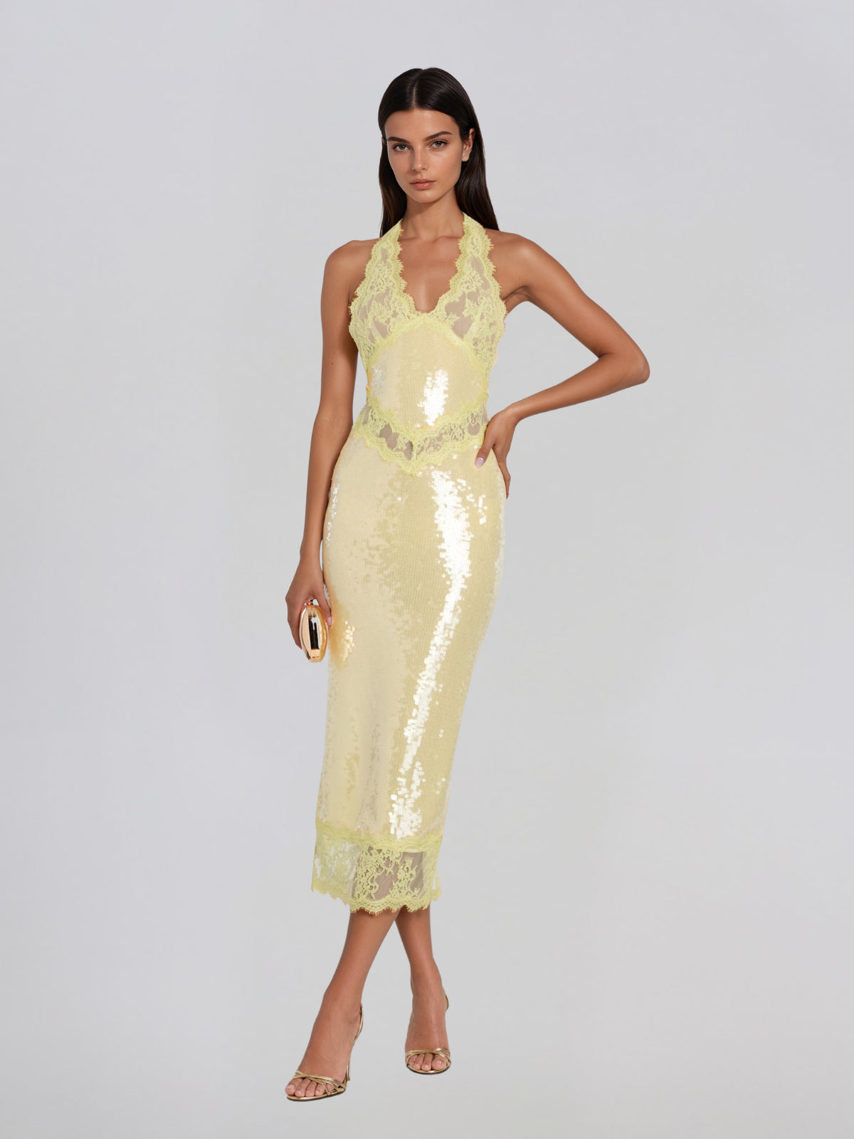 Virellon Halterneck Lace Sequin Midi Dress