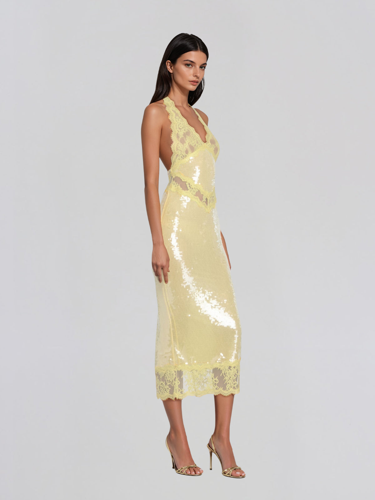 Virellon Halterneck Lace Sequin Midi Dress