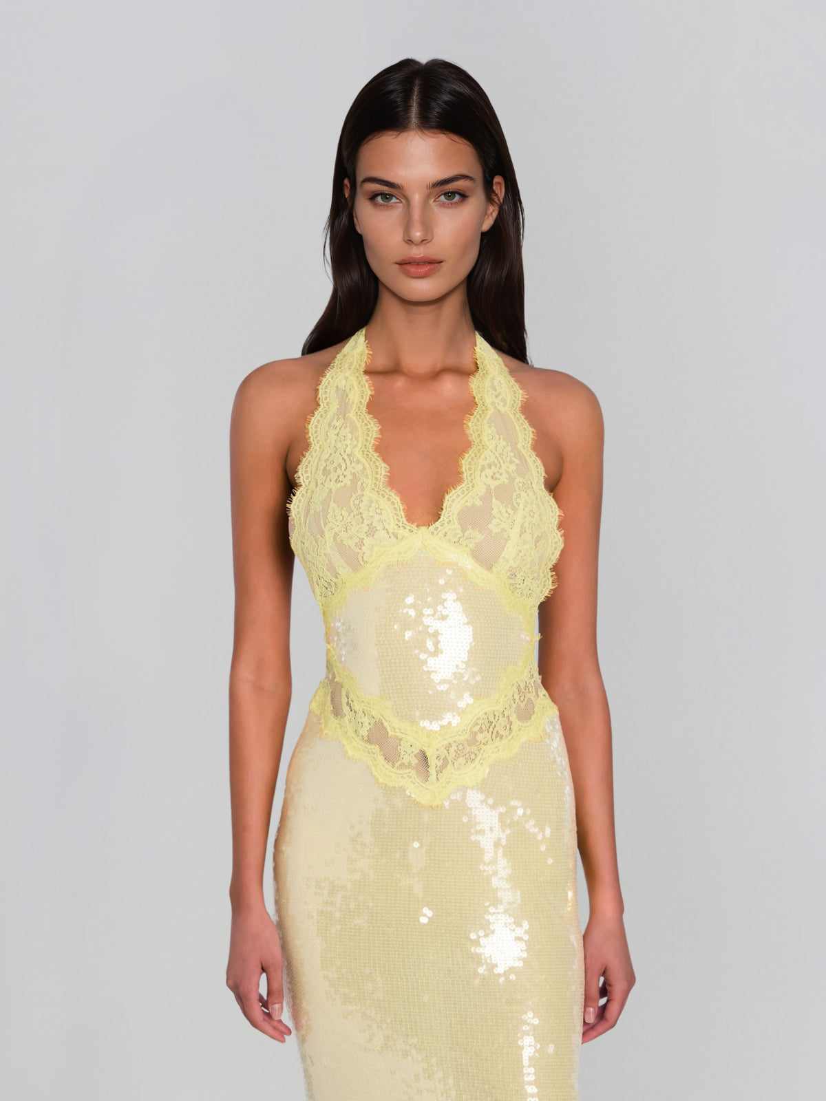 Virellon Halterneck Lace Sequin Midi Dress