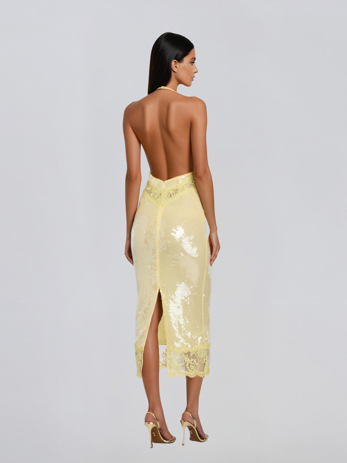 Virellon Halterneck Lace Sequin Midi Dress