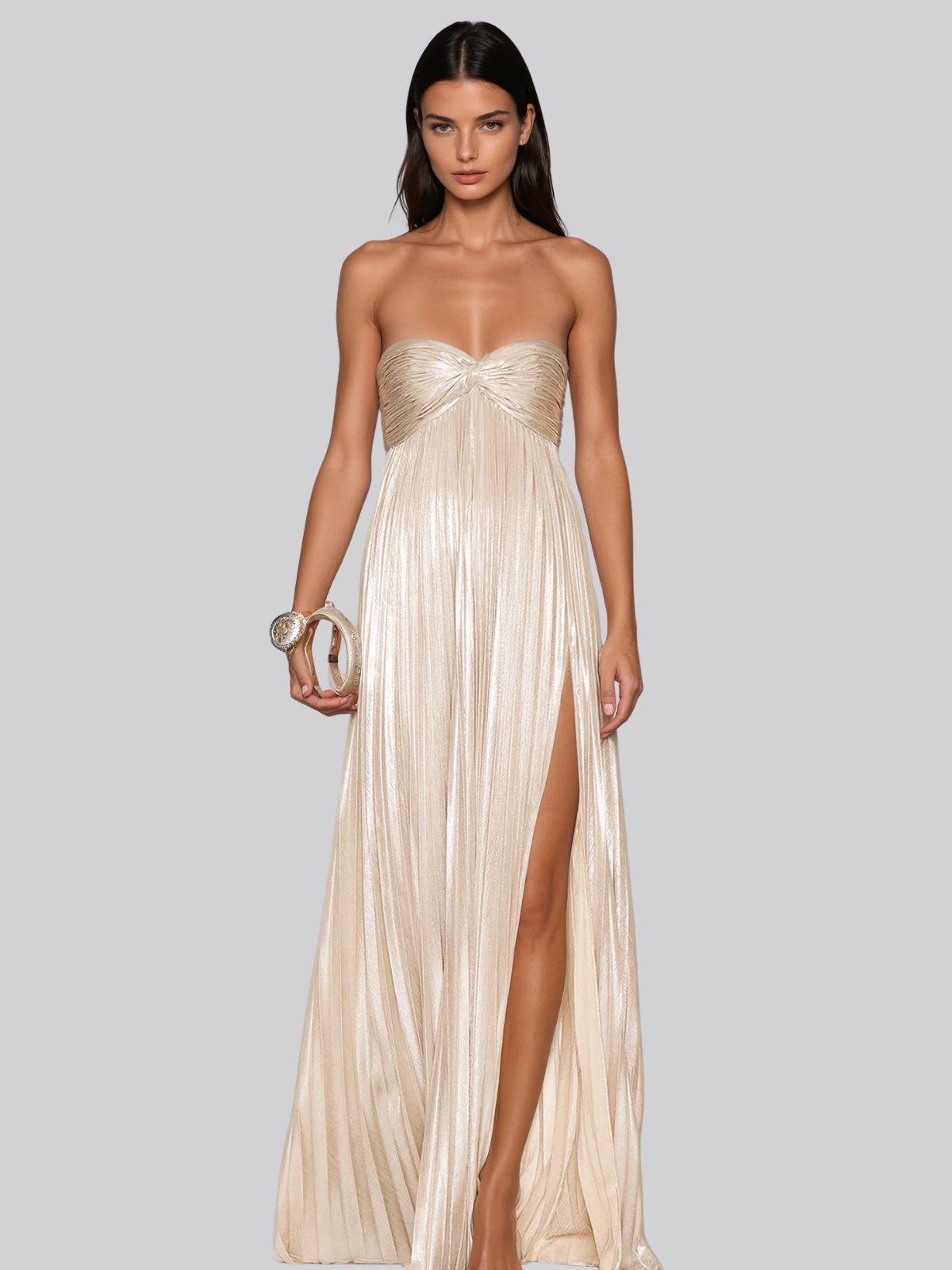 Voidsphere Strapless Pleated Metallic Maxi Dress In Beige