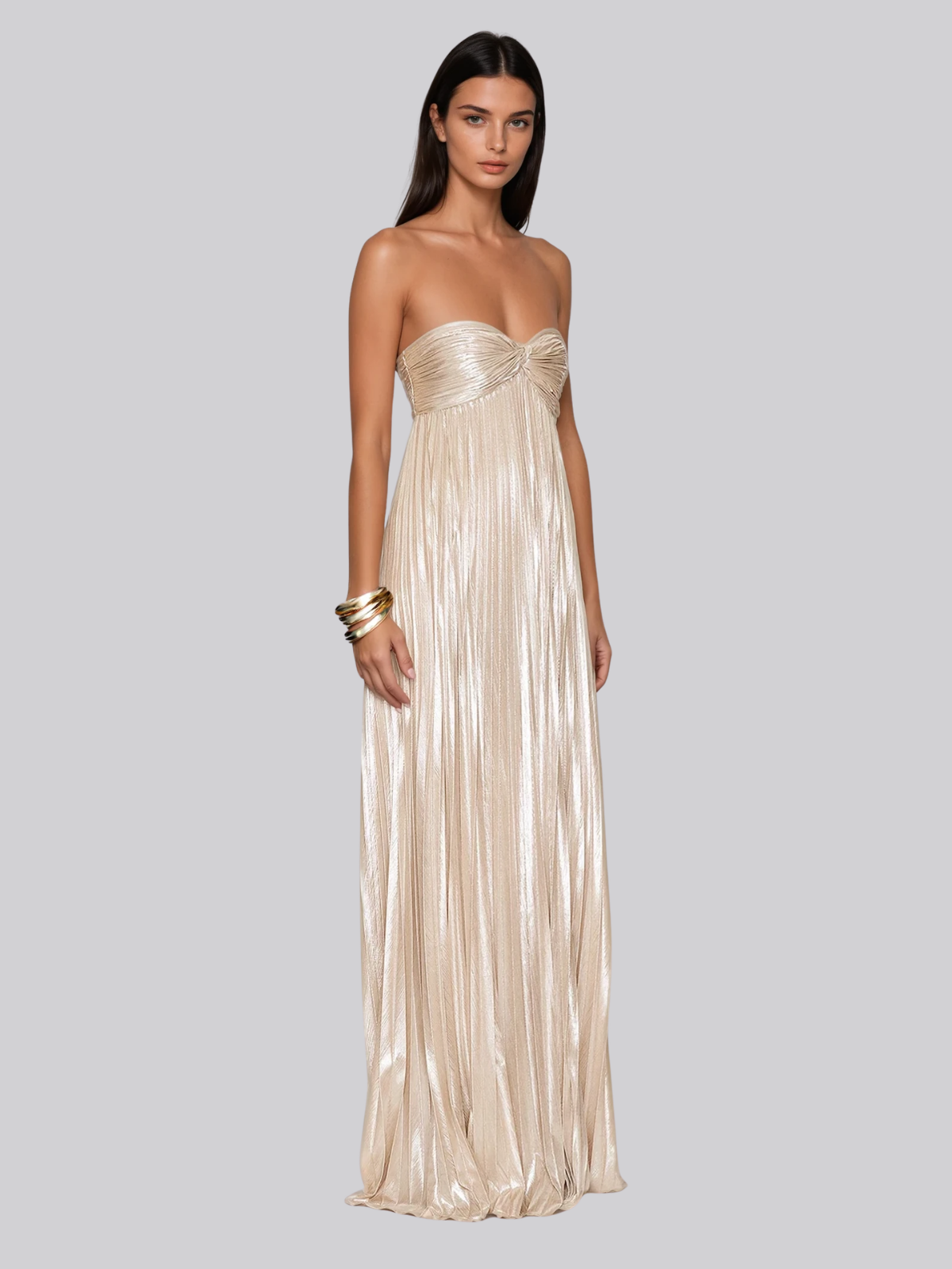Voidsphere Strapless Pleated Metallic Maxi Dress In Beige