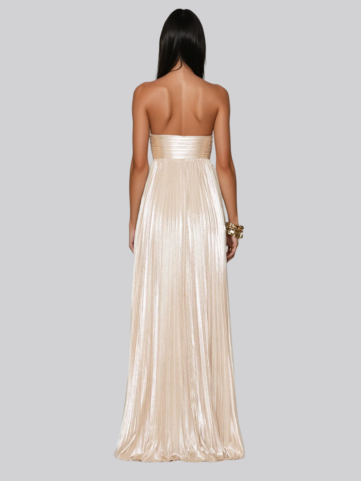 Voidsphere Strapless Pleated Metallic Maxi Dress In Beige