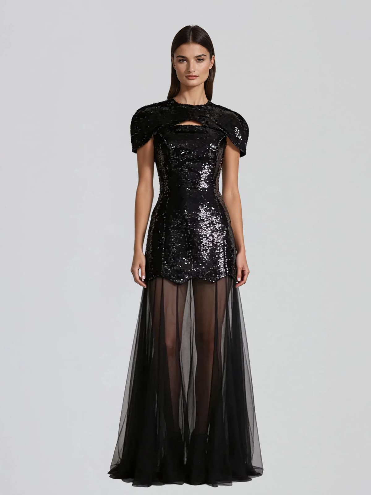 Vorynth Cape Sequin Mesh Maxi Dress