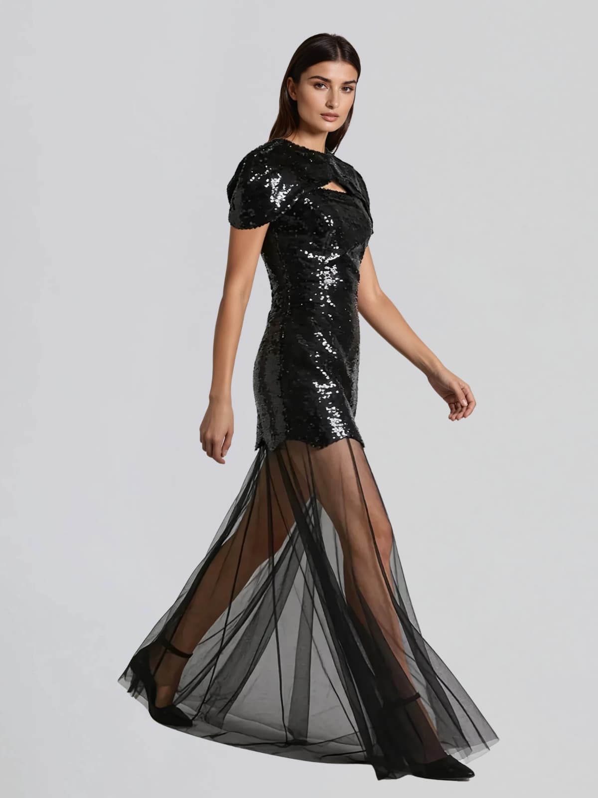 Vorynth Cape Sequin Mesh Maxi Dress