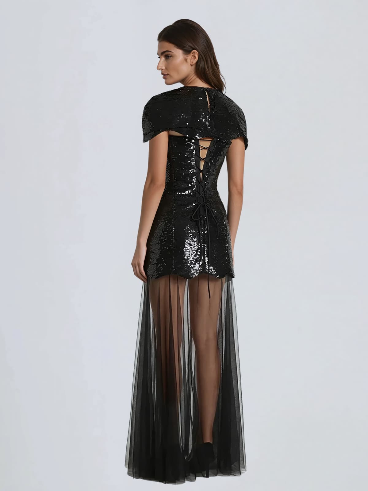 Vorynth Cape Sequin Mesh Maxi Dress