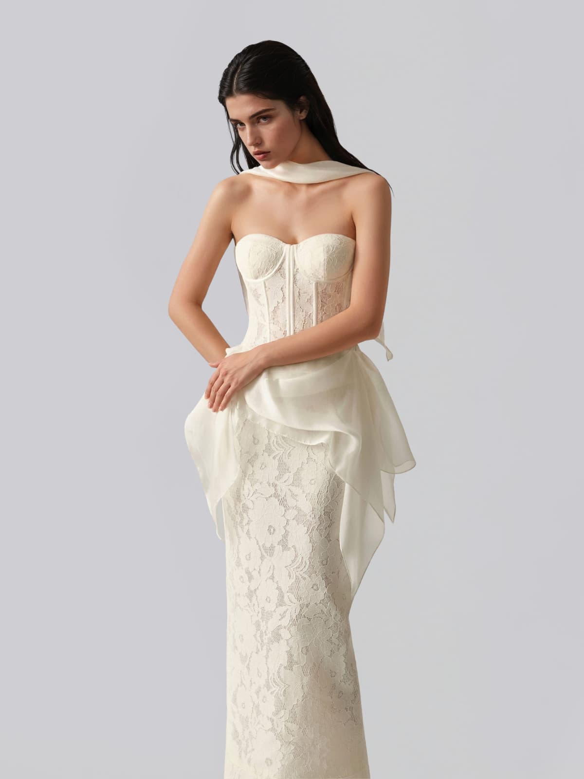 Vyndral Strapless Lace Corset Maxi Dress