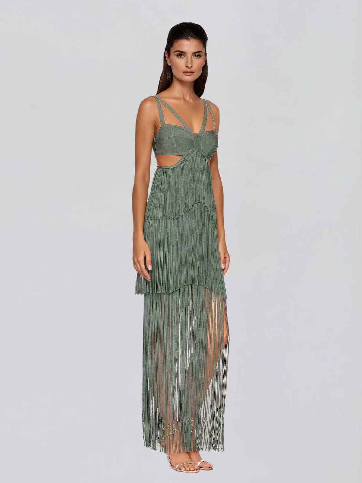 Vyntheris Fringe Bandage Cutout Maxi Dress