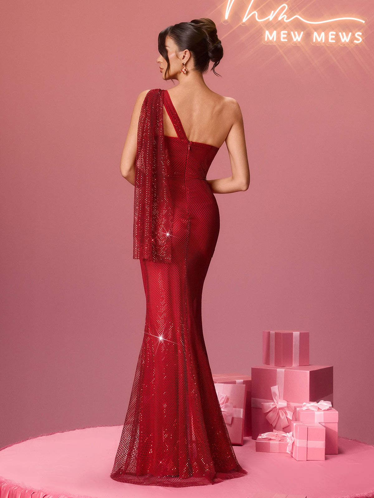Walyx Rhinestone Mesh Split Maxi Dress