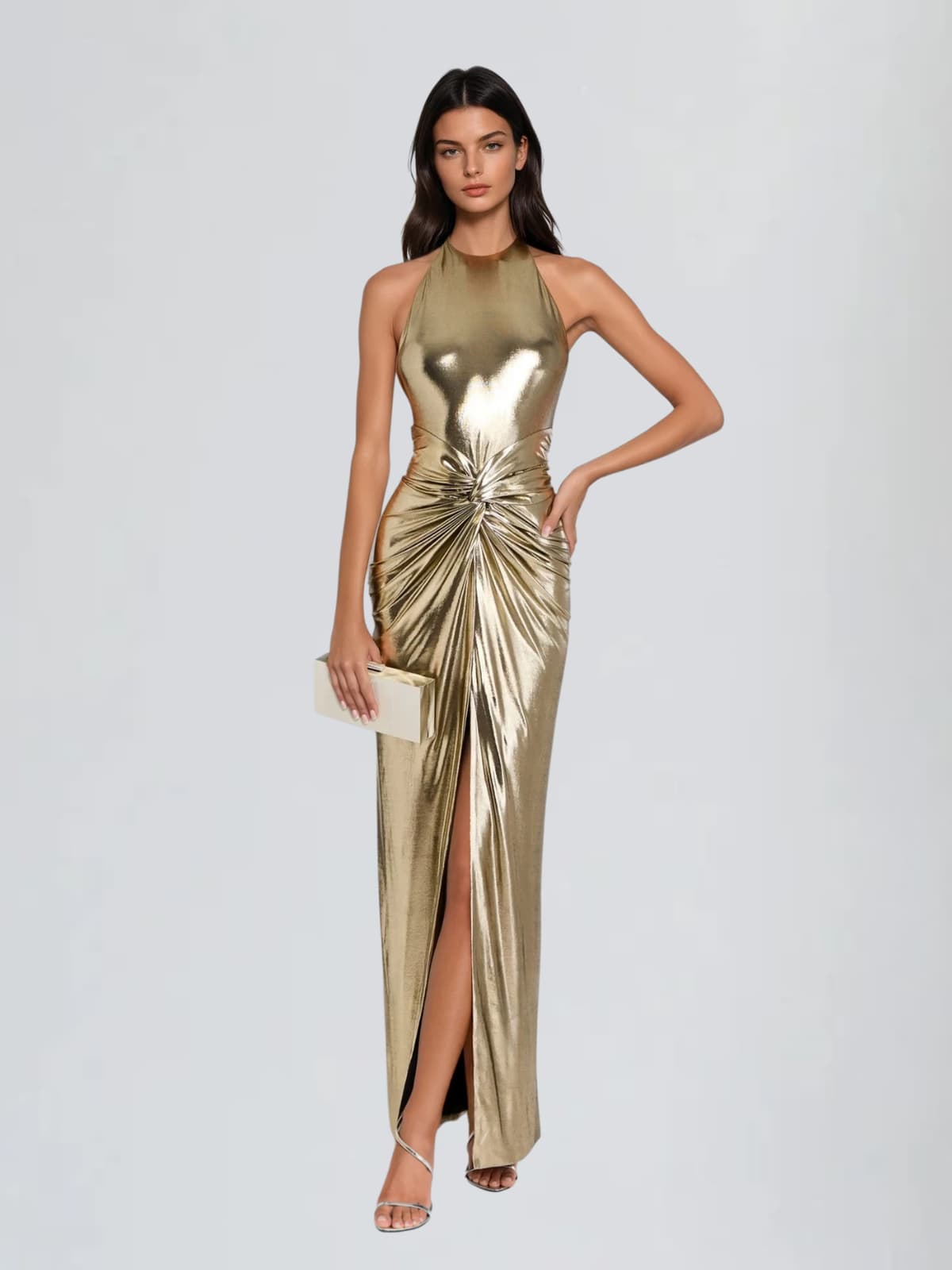 Wavelyn Backless Twisted Split Metallic Maxi Dress