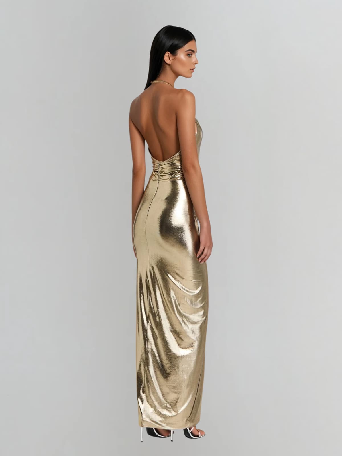 Wavelyn Backless Twisted Split Metallic Maxi Dress