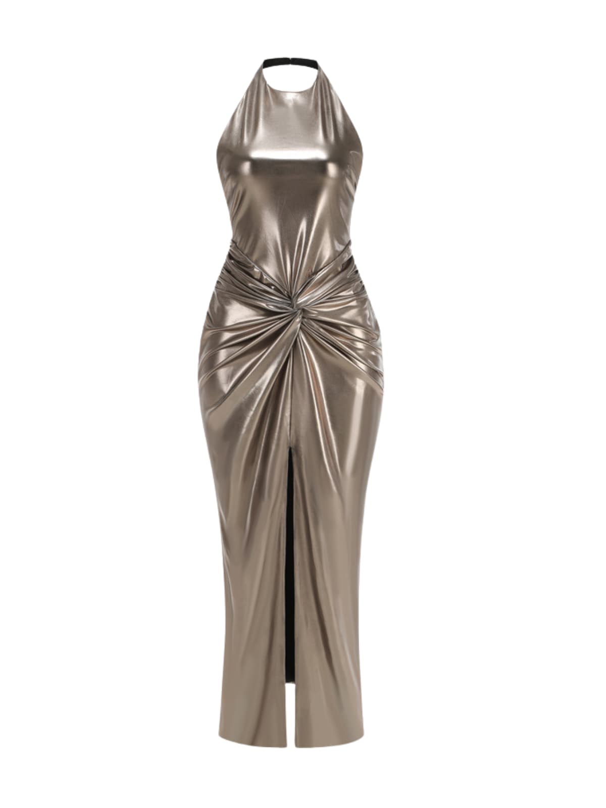Wavelyn Backless Twisted Split Metallic Maxi Dress