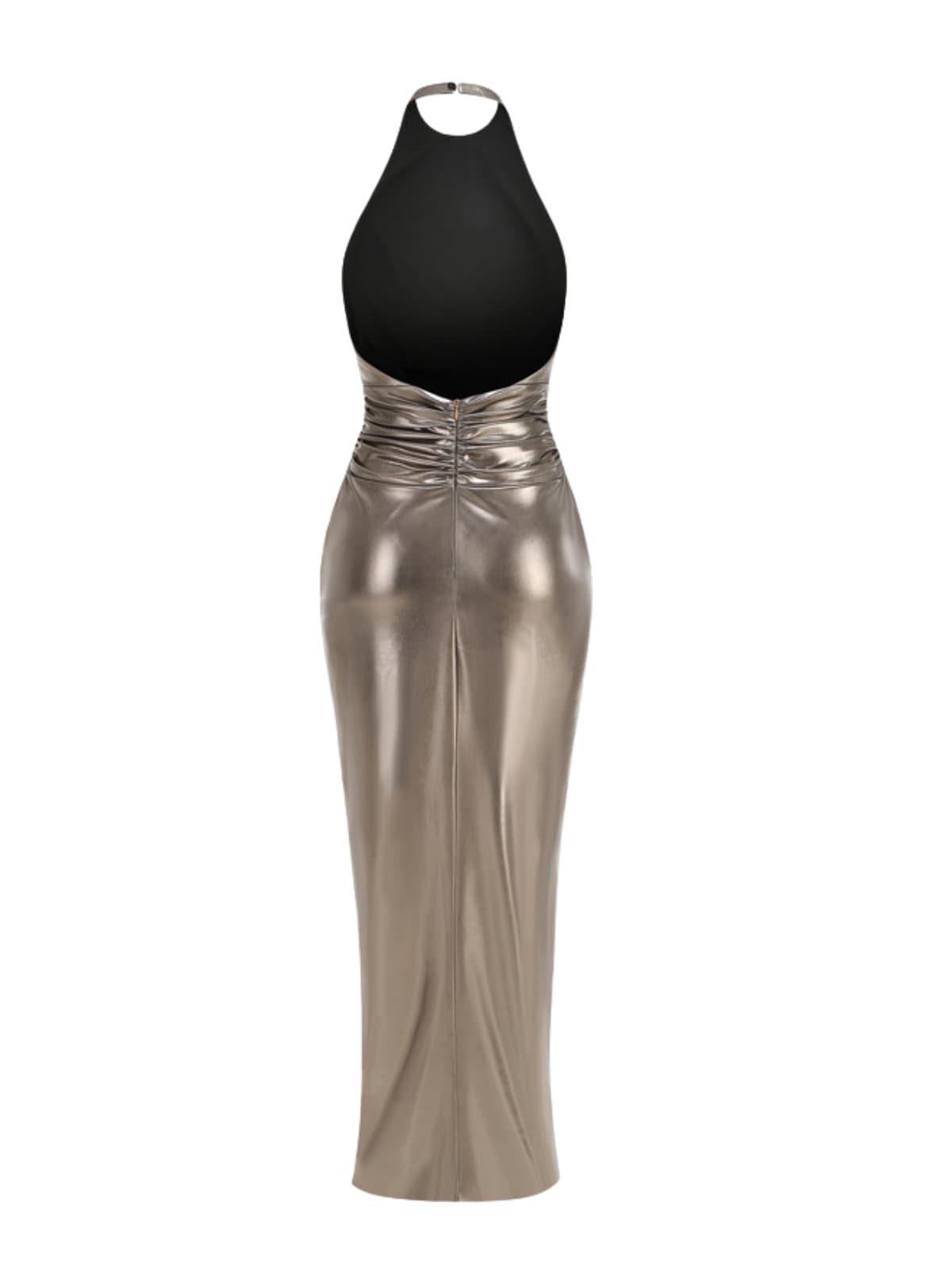Wavelyn Backless Twisted Split Metallic Maxi Dress