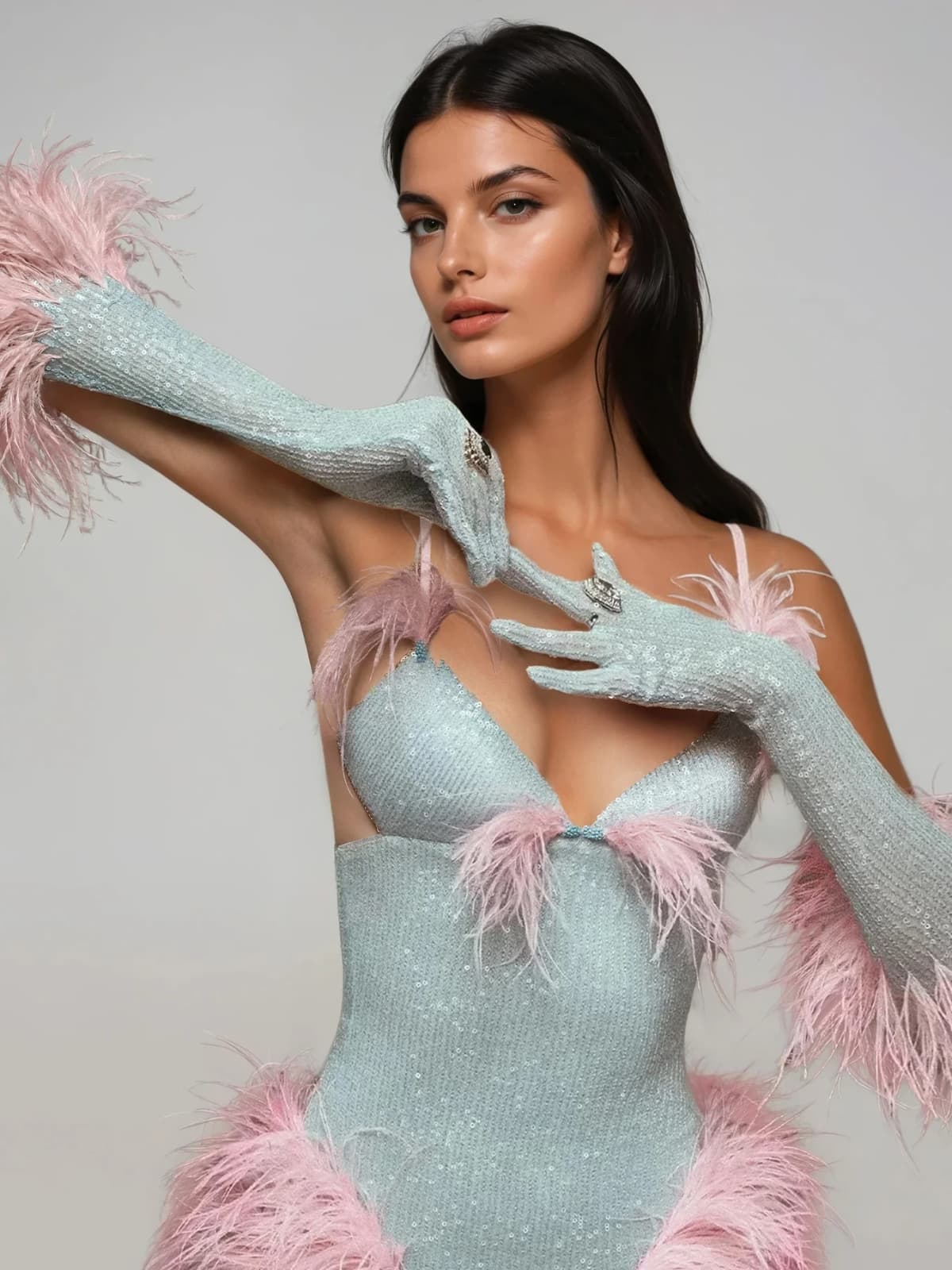 Wesnor Spaghetti Feather Sequin Maxi Dress