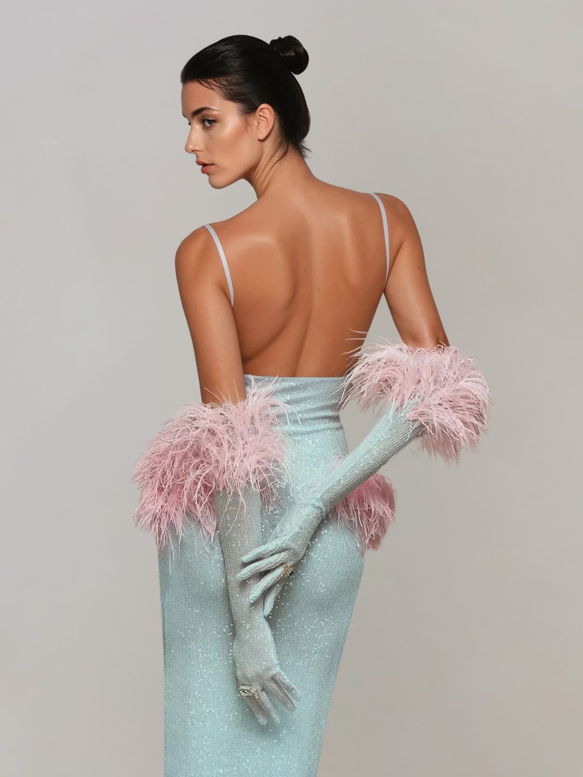 Wesnor Spaghetti Feather Sequin Maxi Dress
