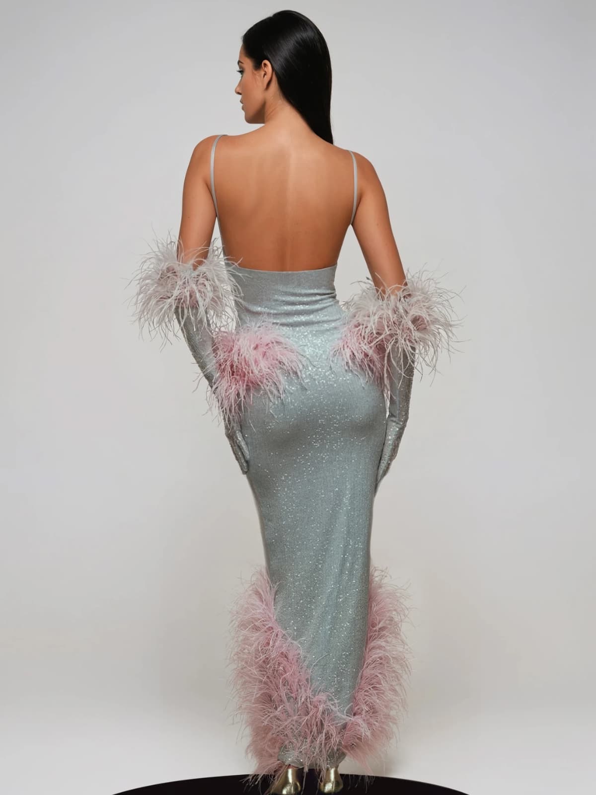 Wesnor Spaghetti Feather Sequin Maxi Dress