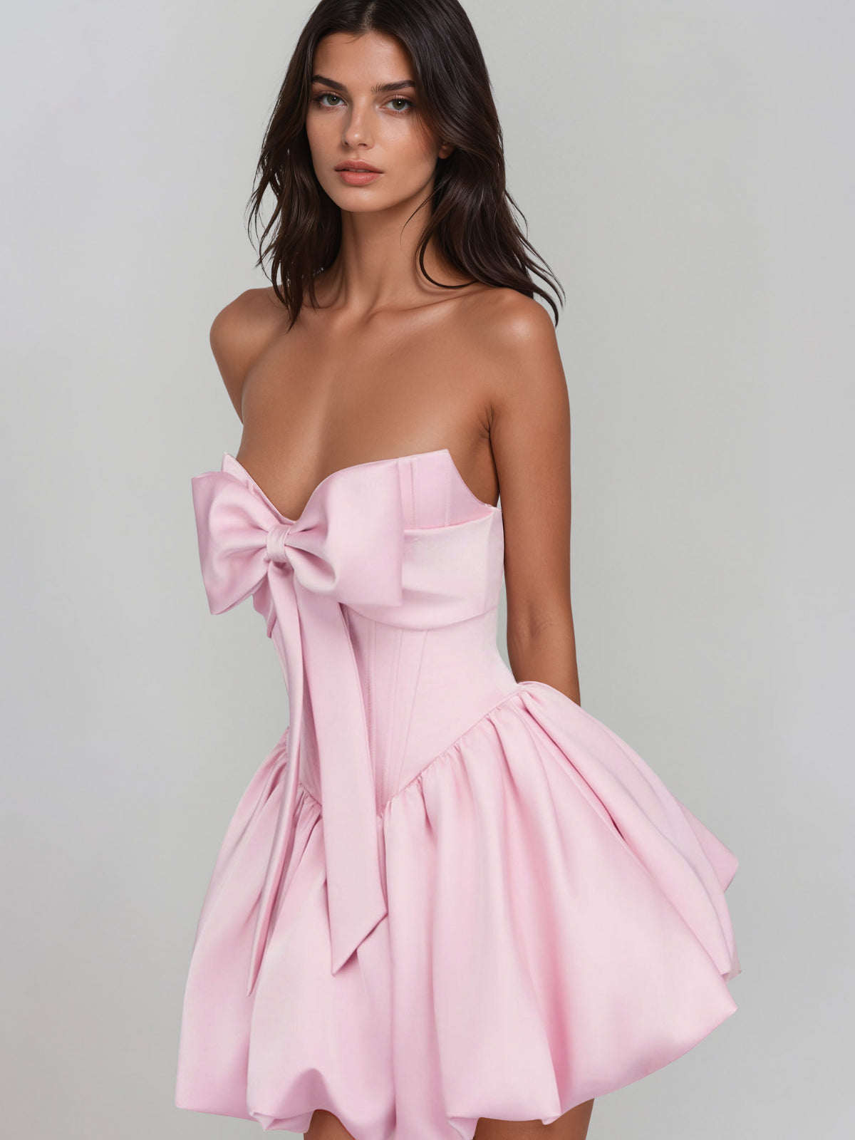 Wevionx Strapless Bow Bubble Mini Dress