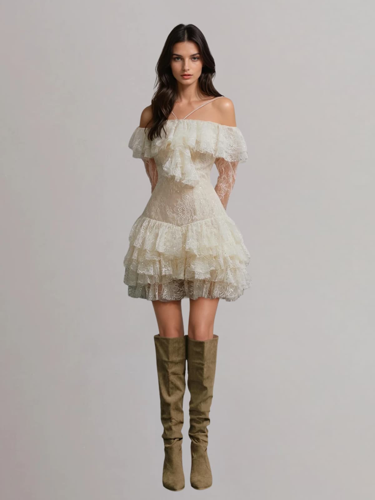 Wexvila Lace Sequin Ruffle Mini Dress