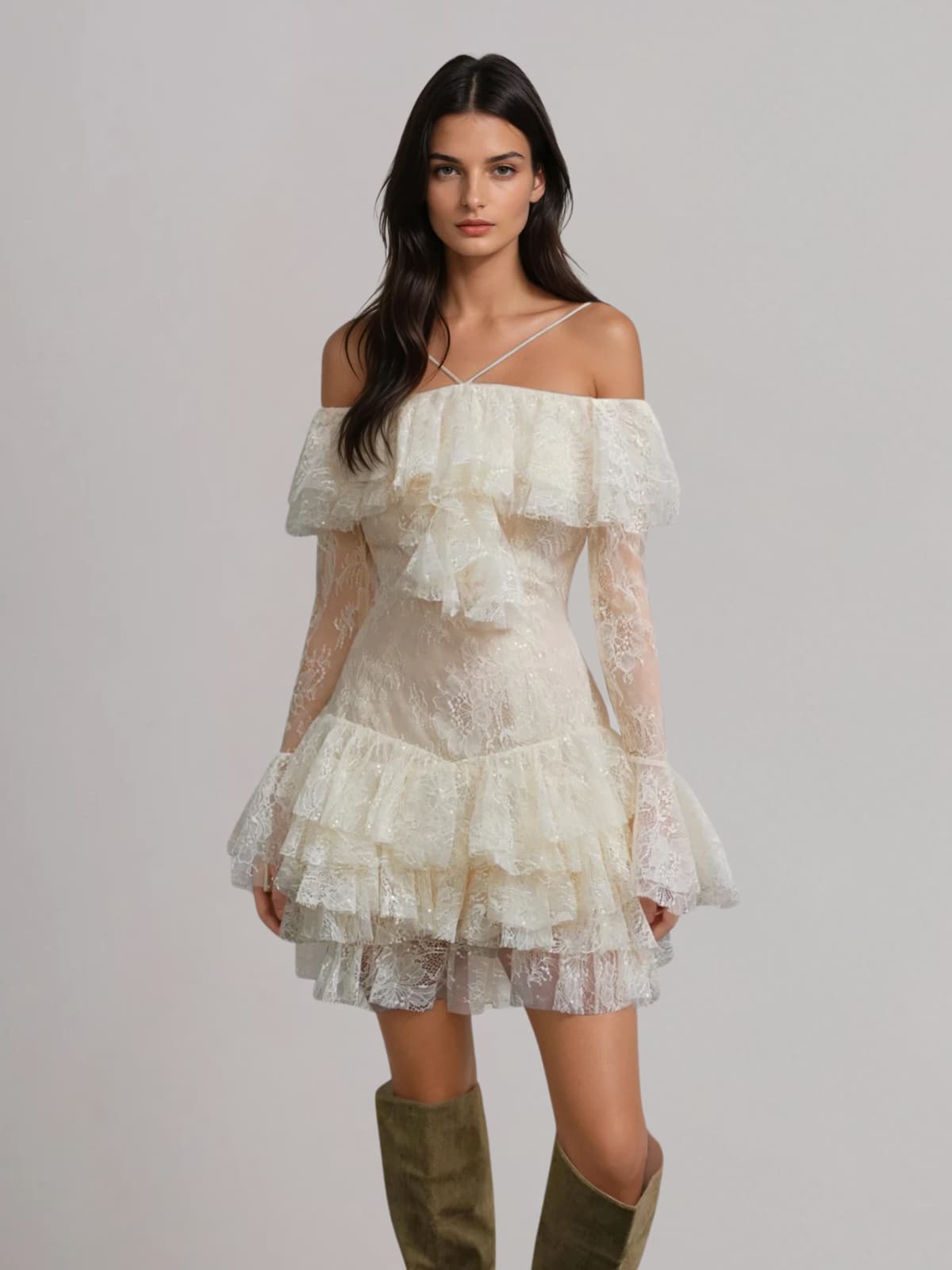 Wexvila Lace Sequin Ruffle Mini Dress