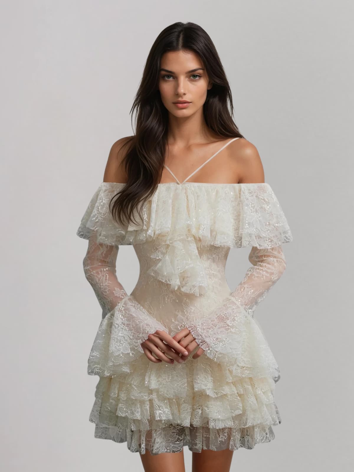 Wexvila Lace Sequin Ruffle Mini Dress