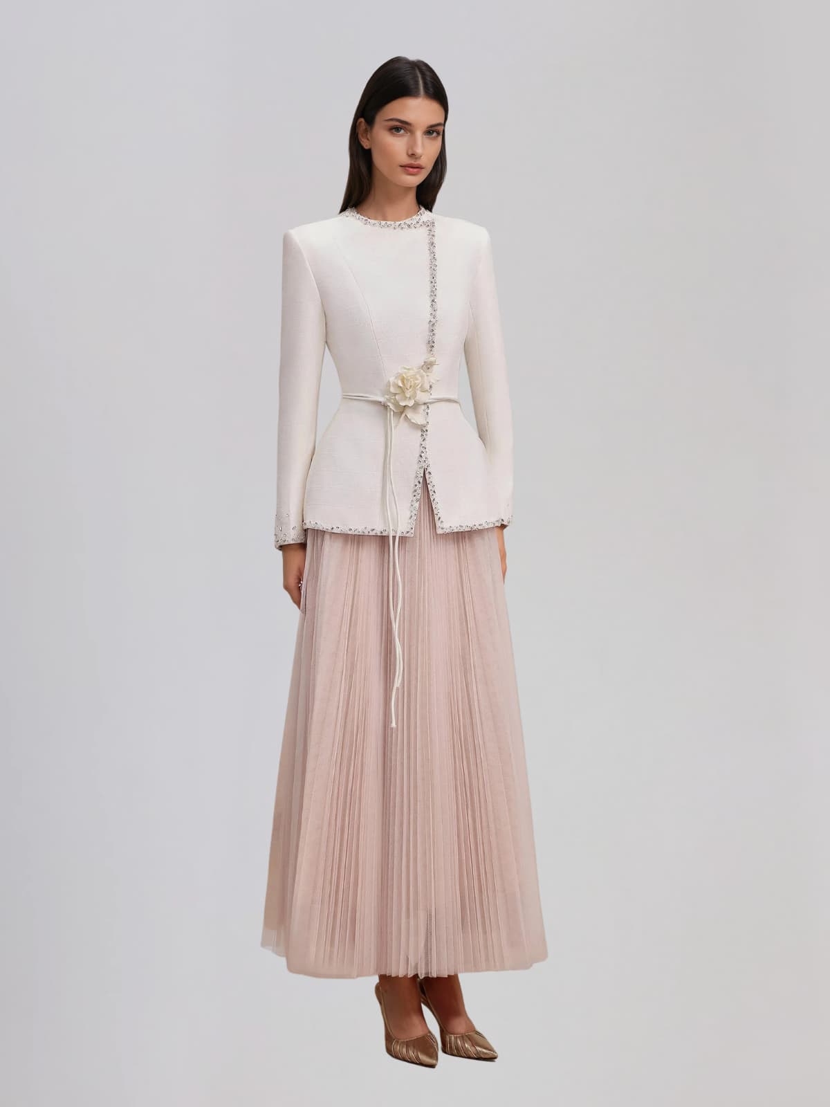 Worynix Crystal Pleated Skirt Set