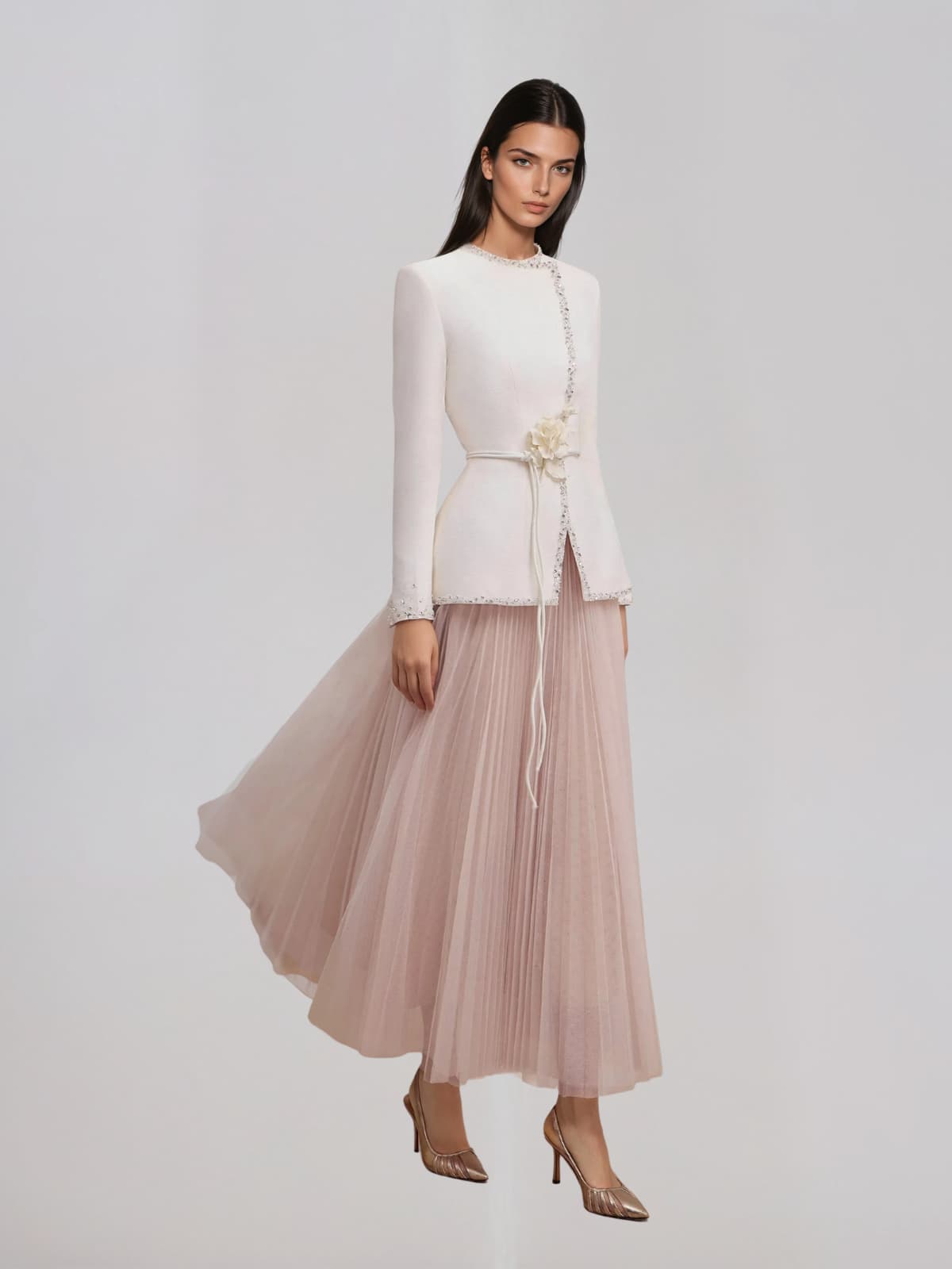 Worynix Crystal Pleated Skirt Set