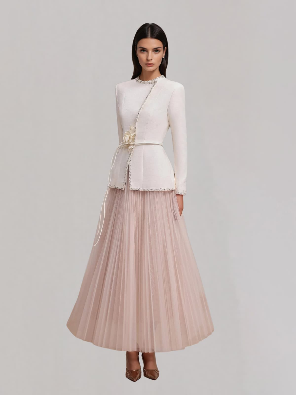 Worynix Crystal Pleated Skirt Set