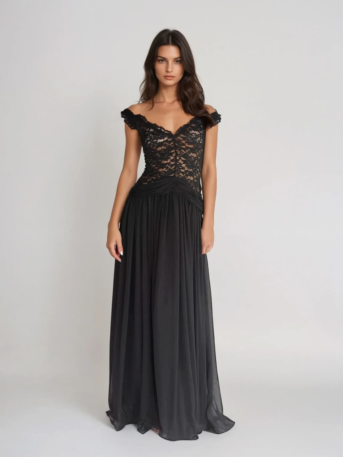 Woryxa V Neck Lace Maxi Dress