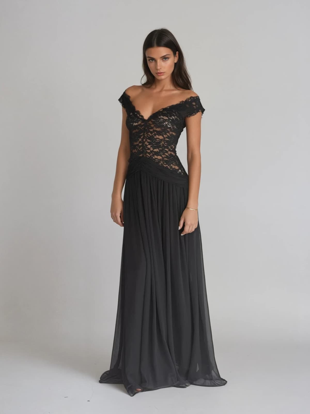 Woryxa V Neck Lace Maxi Dress