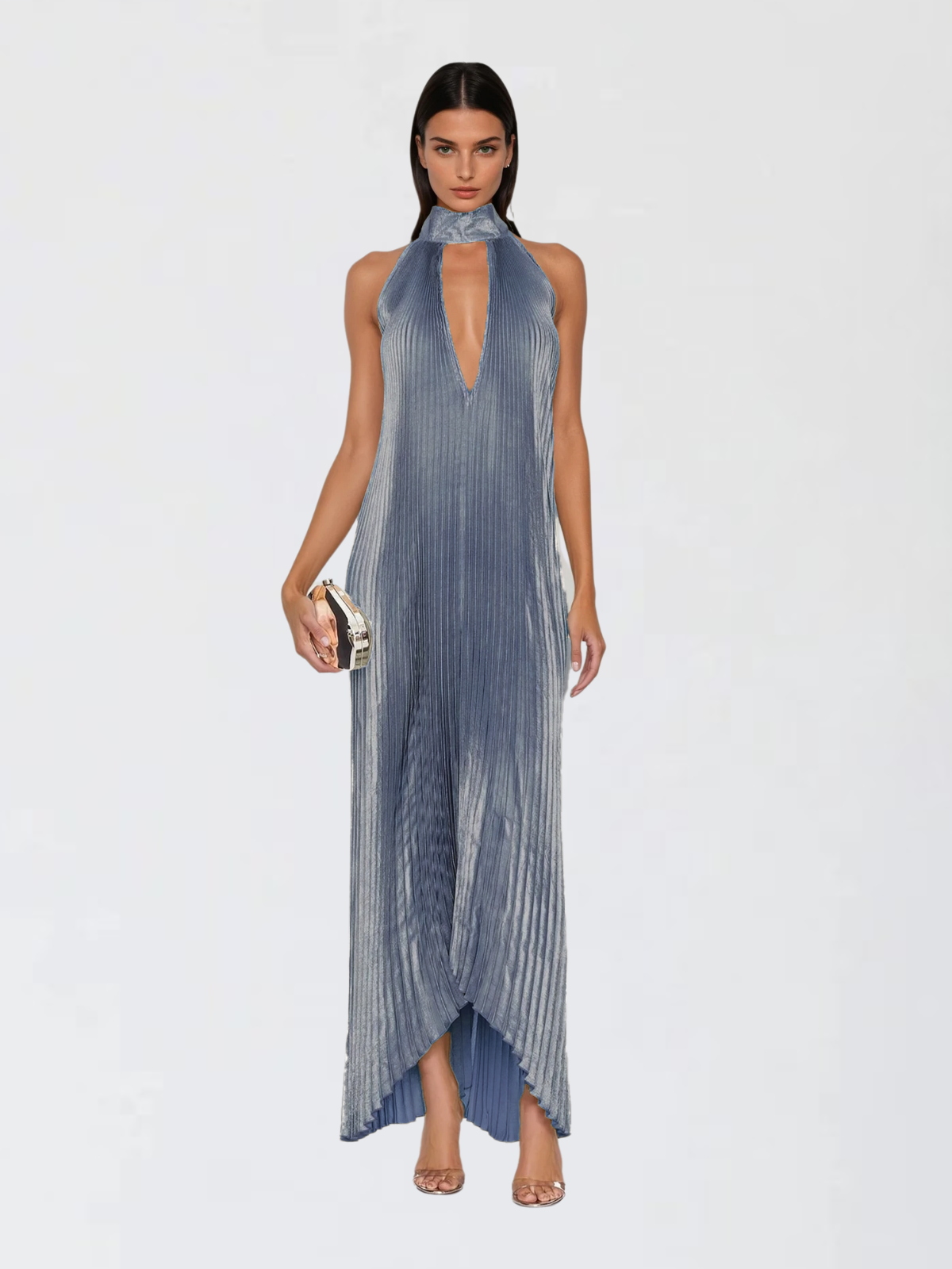 Wylith Backless Metallic Pleated Maxi Dress