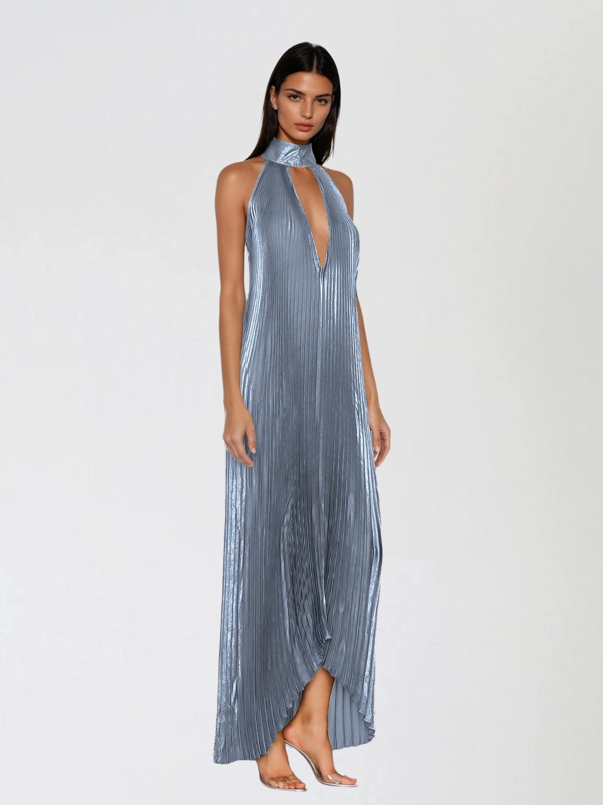 Wylith Backless Metallic Pleated Maxi Dress