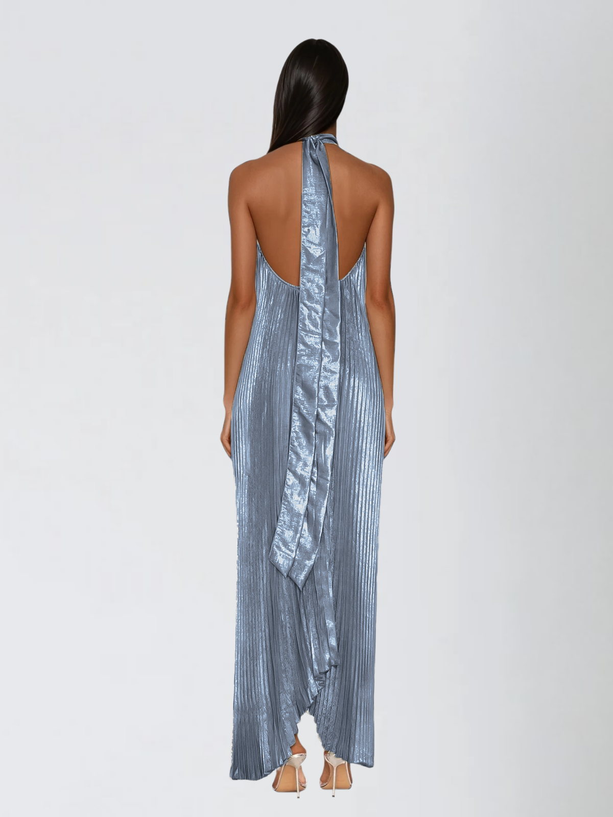 Wylith Backless Metallic Pleated Maxi Dress