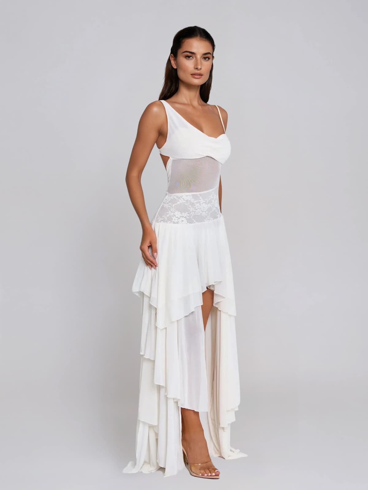 Wynexa Backless High Low Mesh Maxi Dress