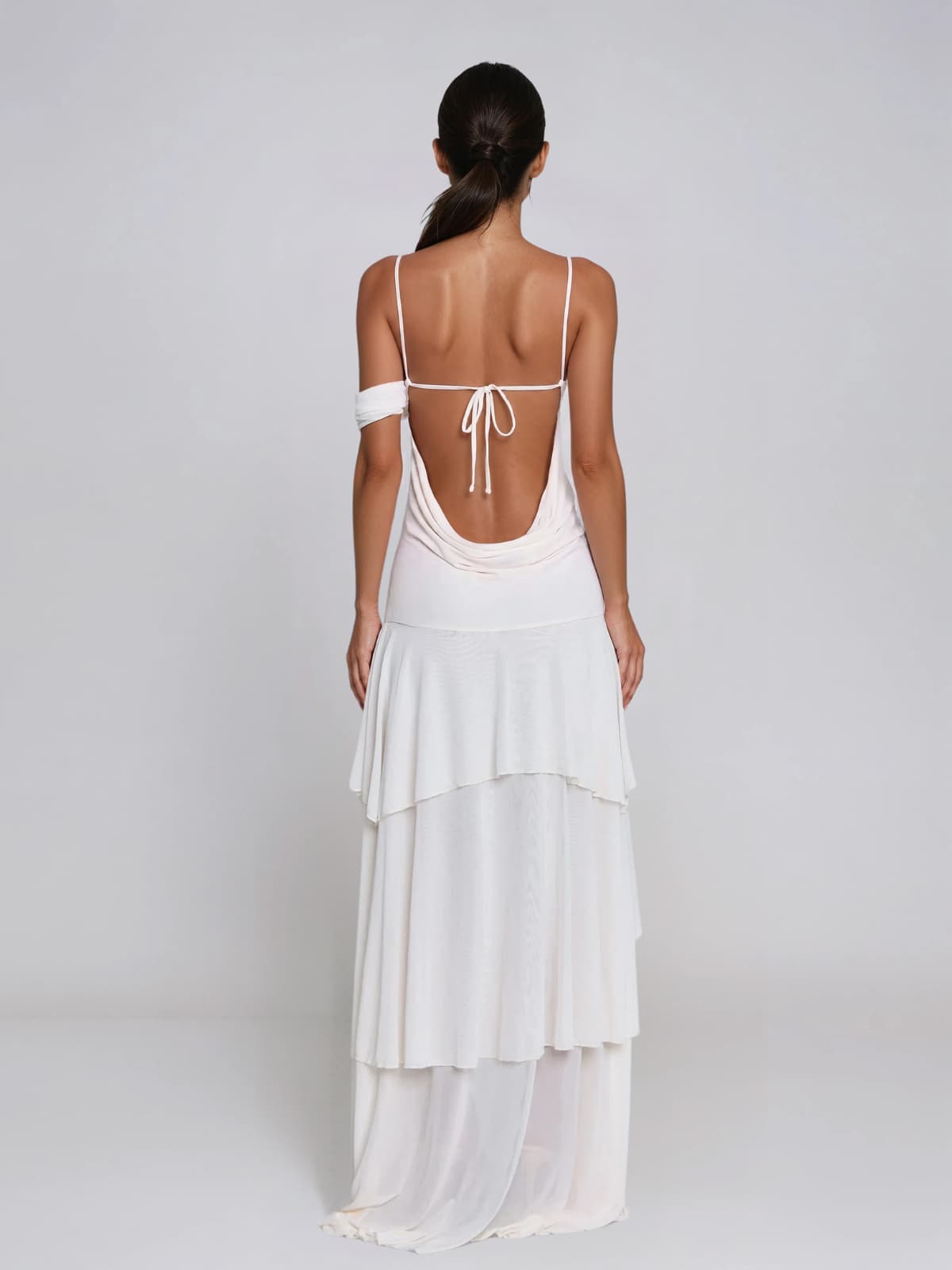 Wynexa Backless High Low Mesh Maxi Dress