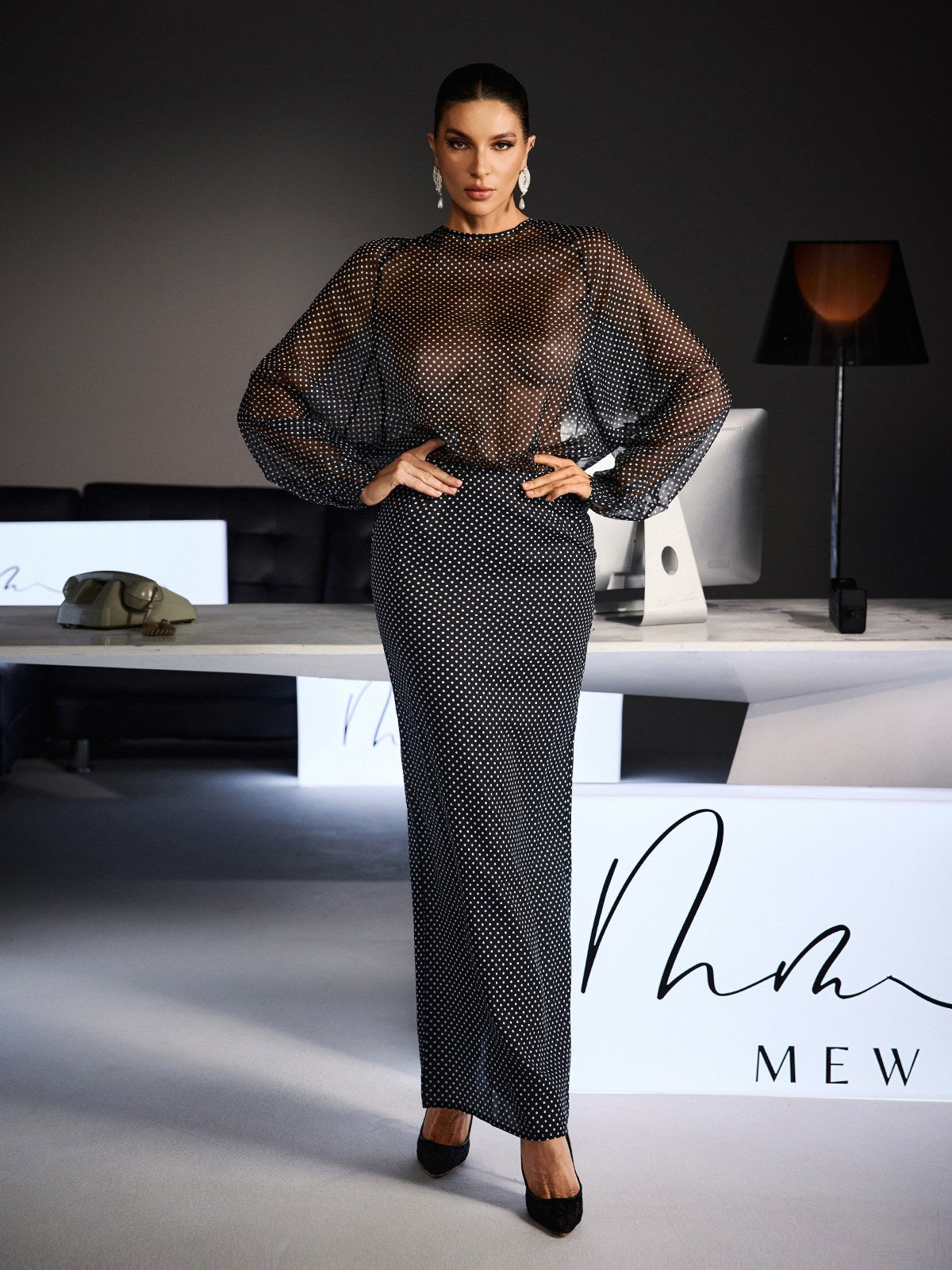 Wyvra Long Sleeve Dot Maxi Dress In Black
