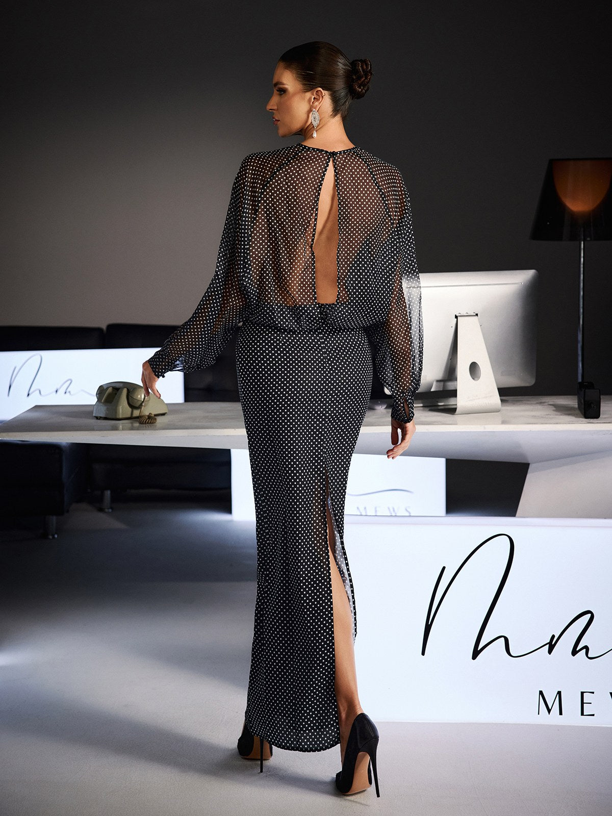 Wyvra Long Sleeve Dot Maxi Dress In Black