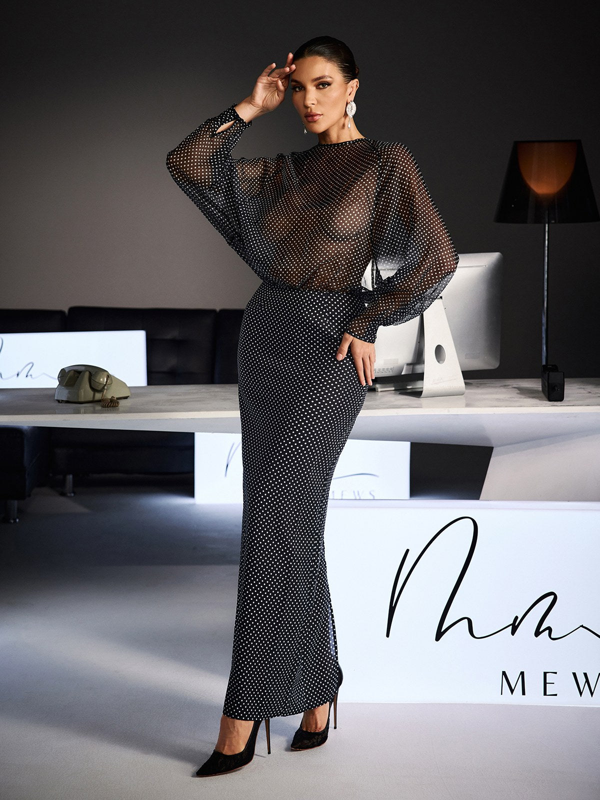 Wyvra Long Sleeve Dot Maxi Dress In Black