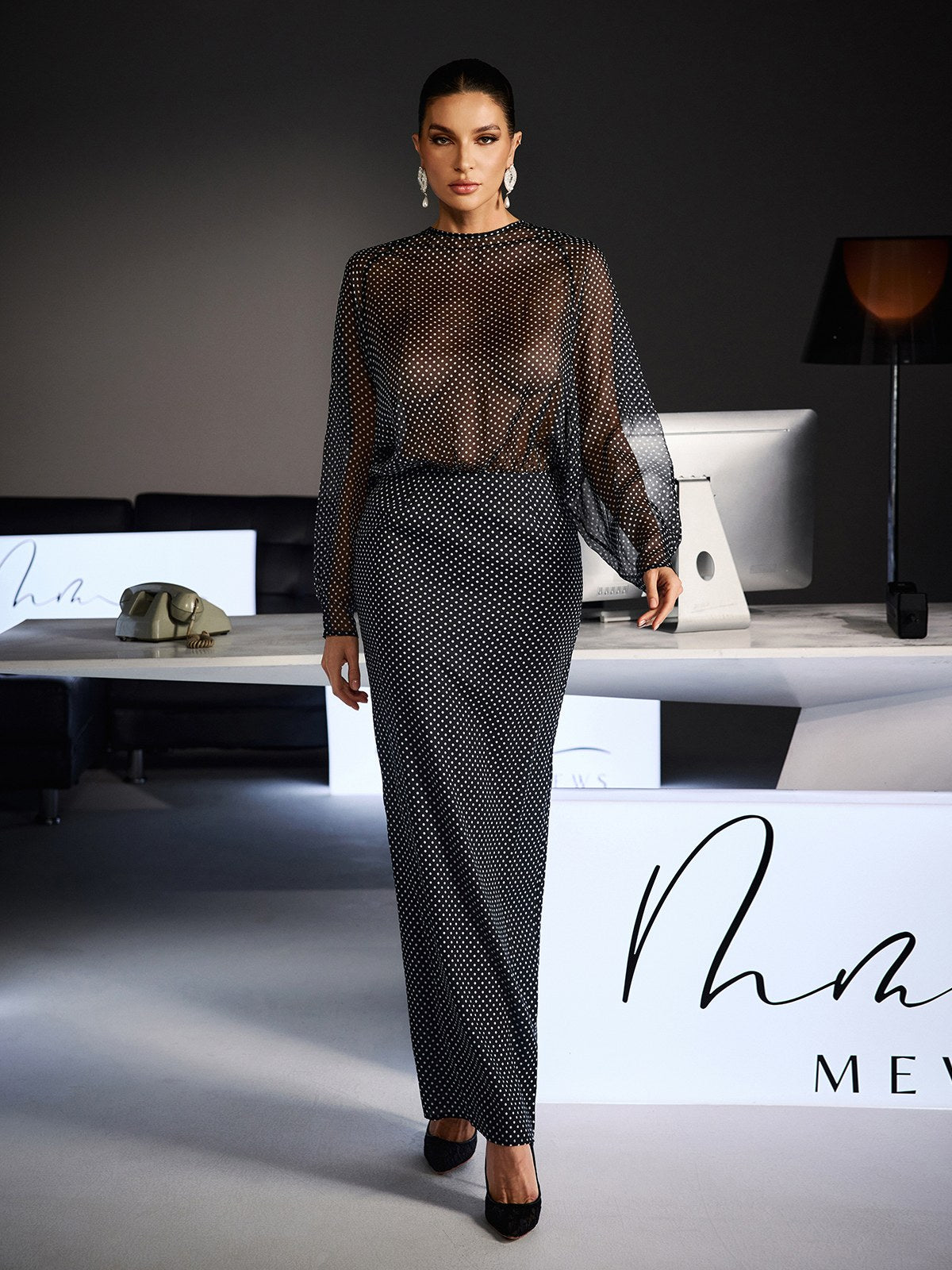Wyvra Long Sleeve Dot Maxi Dress In Black