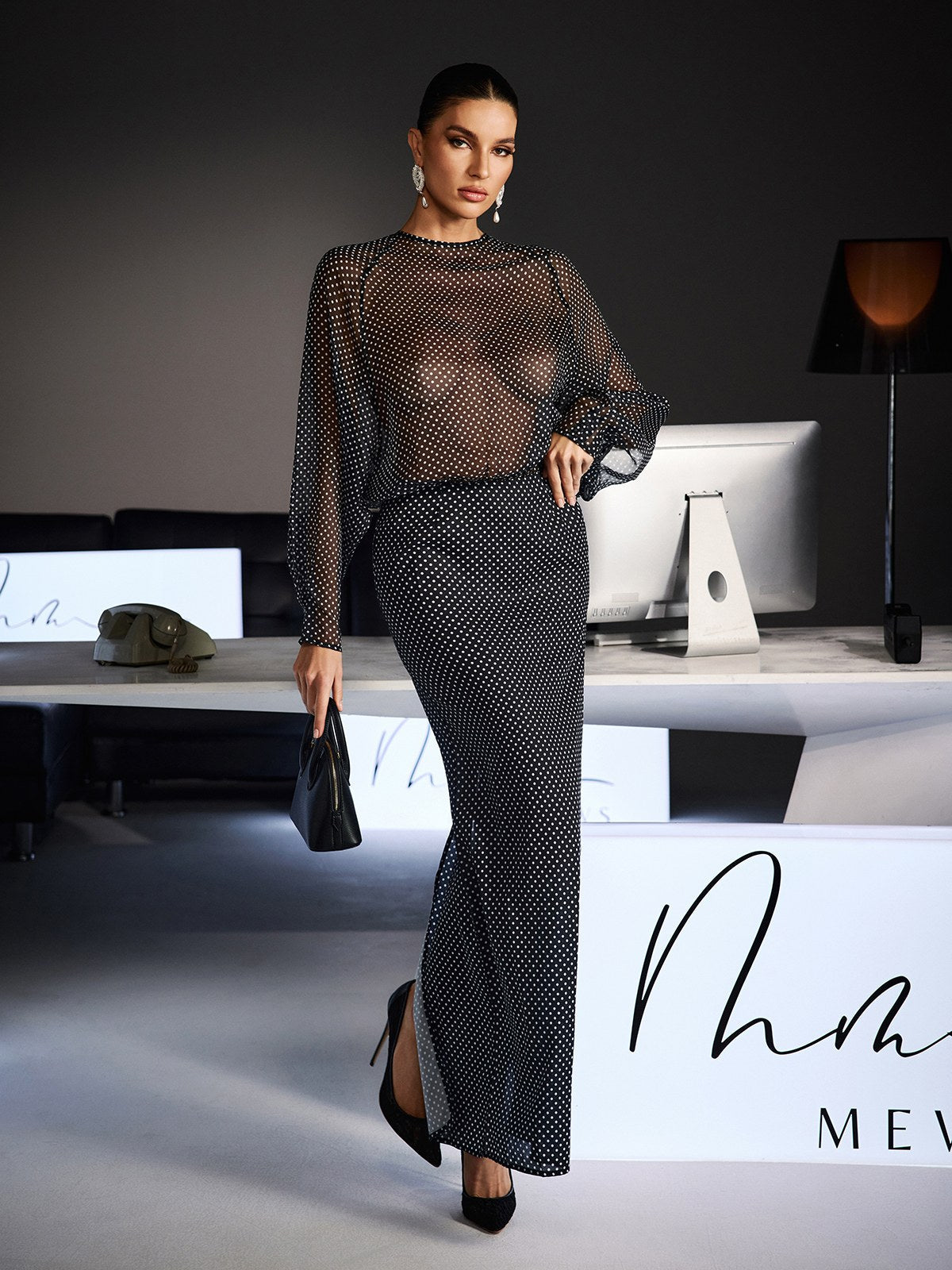 Wyvra Long Sleeve Dot Maxi Dress In Black