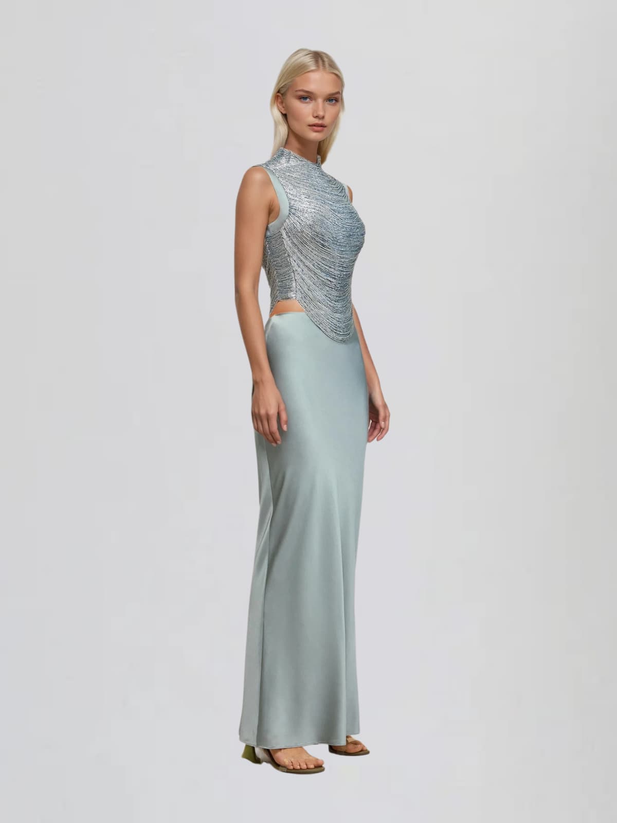 Xaldor High Neck Fringe Glitter Skirt Set In Baby Blue