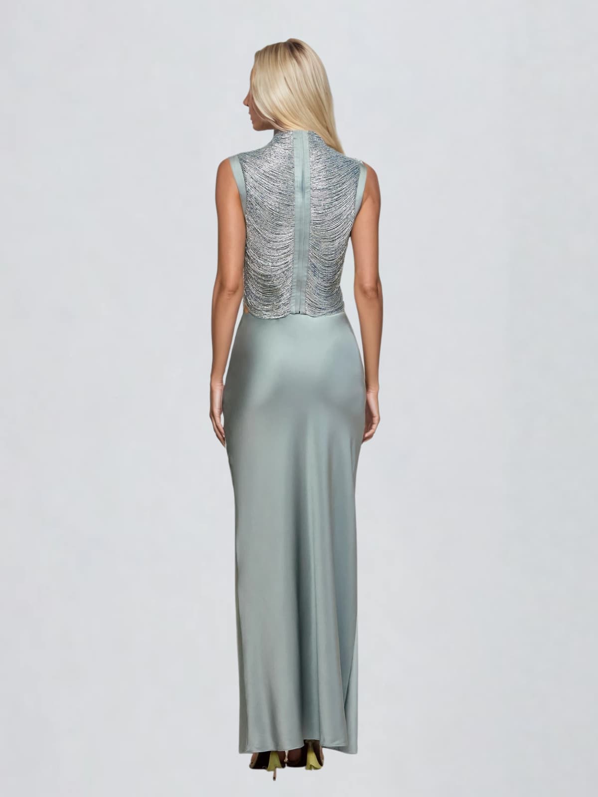 Xaldor High Neck Fringe Glitter Skirt Set In Baby Blue