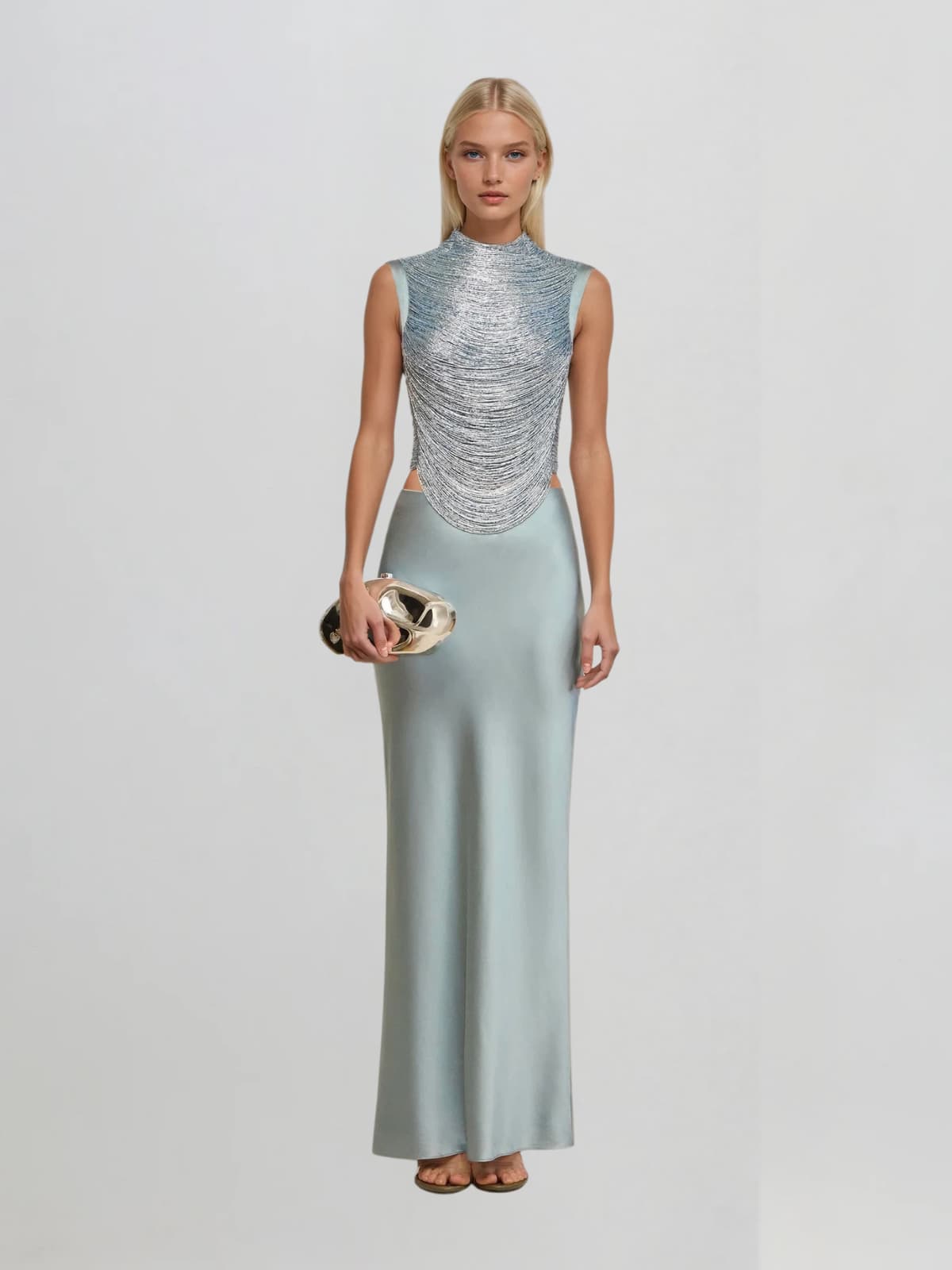 Xaldor High Neck Fringe Glitter Skirt Set In Baby Blue