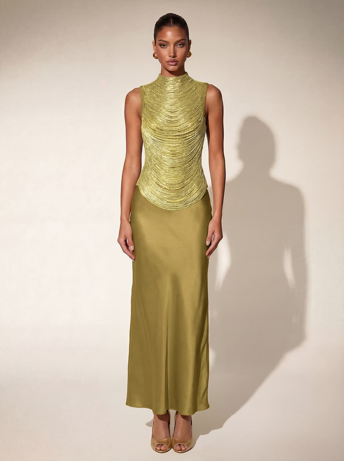 Xaldor High Neck Fringe Glitter Skirt Set In Gold